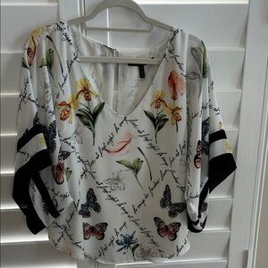 White House Black Market White Floral & Butterfly V-Neck Top with Black Trim